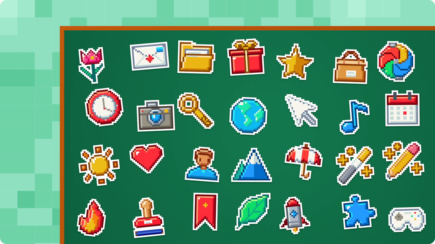 A green board framed in wood, covered in pixel-art stickers: a folder, a heart, a lock, a rocket, a cup of coffee and more
