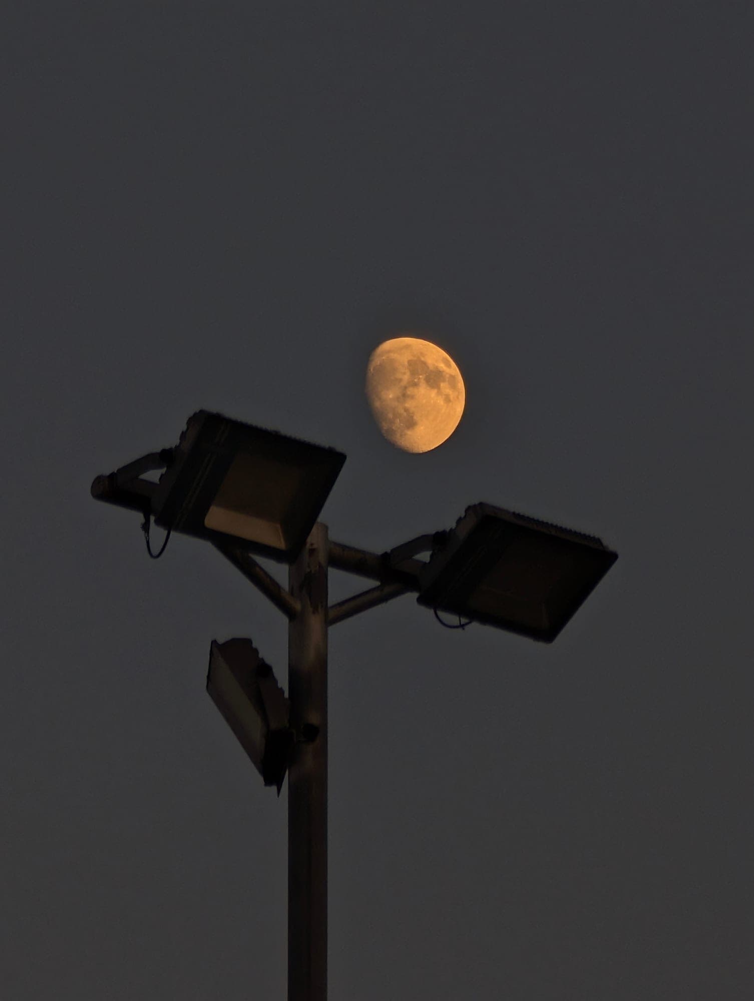 The moon above a floodlight pole at dusk